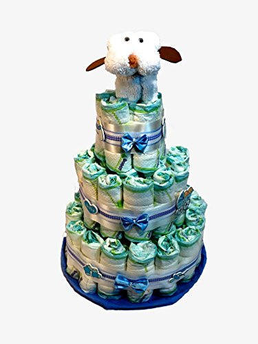 Gâteau à couches Chien serviette blanche et bleue