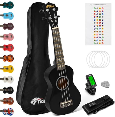 Tiger Sopran ukulele kit – nybörjarpaket (svart) inkl. tuner, sling, filtdyrkning och väska, UKEKIT | Kromatisk tuner, rem, bärväska, anteckningsklistermärke, filtplockning, reservsträngar, med Aquila-strängar monterade – svart