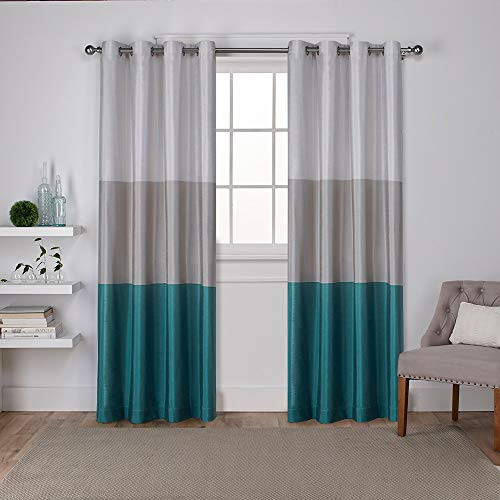 EXCLUSIVE HOME Chateau Striped Faux Silk Grommet Top Curtain Panel Pair, 54x96, Teal