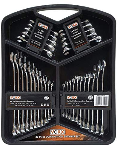 VORX PRO Spanner Set 32 Piece Drop Forged Metric & Imperial CRV Combination Open & Stubby Bi-Hexagonal Spanner Set