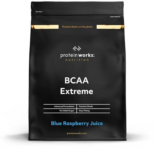 Protein Works - BCAA Extreme, 6000mg BCAAs per Serving, Intense Workout & Energy Drink Powder, Optimal BCAA 4:1:2 Ratio + Magnesium, Calcium, Vitamin C, Blue Raspberry Juice, 55 Servings, 500g