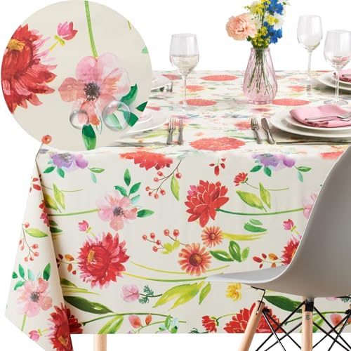 KP HOME Tovaglia Plastificata Rettangolare 200x140cm, Beige Tovaglia Cerata per Tavolo da 6 Posti, in PVC Facile da Pulire, Impermeabile, Antimacchia, con Motivo Floreale Rosa Elegante