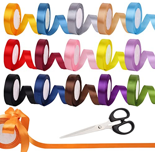 Allazone 15 Rotoli Nastro Raso, 15 Colore 2CM x 22M Color Satin Ribbon, Nastri Decorativi Tessuto di Seta Misto Nastro Raso Nastri per Confezione Regalo Decorazioni per Feste Di Nozze Fiocchi