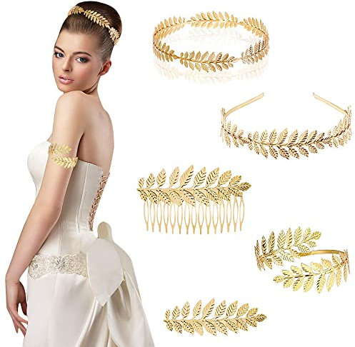LYTIVAGEN 5 Stücke Lorbeer Haarschmuck Römische Krone Stirnband Griechische Göttin Schmuck Goldenes Haarband Lorbeerkranz Goleden Römische Göttin Haarreif Armband Lorbeer Kopfschmuck für Hochzeit