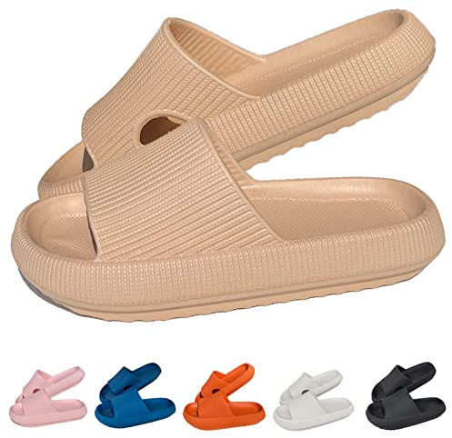 HOPEME Cloud Sliders Women Men Cushiony Slippers with Thick Outsole, Anti-Slip and Waterproof Pillow Sliders for Bathroom, Pool and Outdoor, Khaki 9.5-10