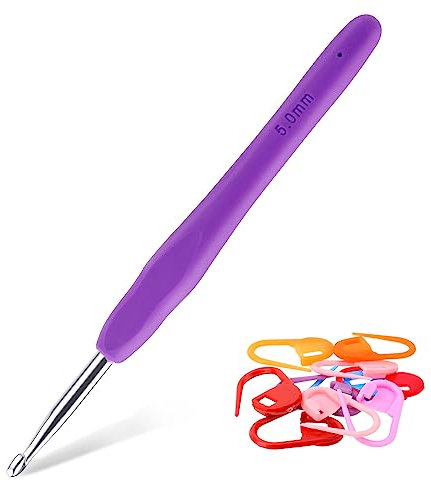 Lusofie 5mm Häkelnadel Bunt Häkelnadeln Mit Ergonomischem Softgriff mit 10 Stück Maschenmarkierern Häkelnadel Set für Anfänger