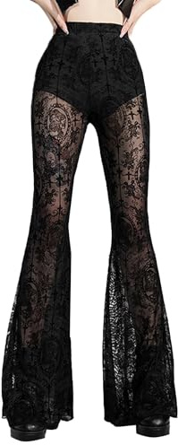 FEOYA Women's Gothic Flared Velvet Trousers High Waisted Skinny Lace Pants Punk See Through Bell Bottoms Fashion Patchwork Harajuku Hip Hop Trousers Office/Party/Streetwear/Halloween/Yoga