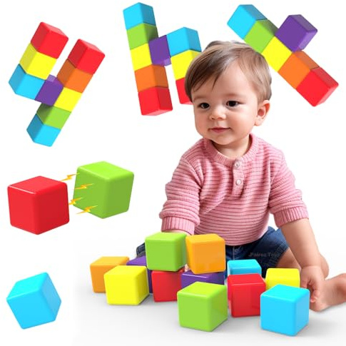 Pairez Toys Blocchi da costruzione magnetici, 1,65 pollici, grandi dadi magnetici impilabili per bambini, giocattoli sensoriali e montessori per ragazzi e ragazze di 1, 2, 3 anni (12 pezzi)
