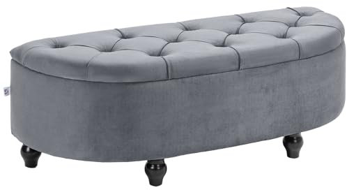 HOMCOM Semi-Circle Ottoman Storage Bench, Bed End Bench, Tufted Upholstered Window Seat Footrest Stool with Rubberwood Legs for Bedroom & Entryway, 120 x 46 x 42 cm, Dark Grey