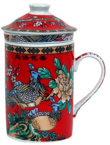 Tasse à thé en céramique avec couvercle + passoire pour thé en vrac avec motif asiatique (faisan bleu, 501) Tasse chinoise japonaise pour les amateurs de thé, porcelaine, cadeau Asie