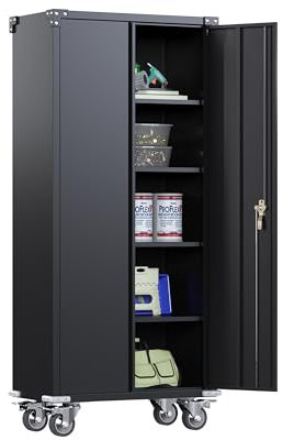 SUPEER Metallschrank mit Abschließbare Räder und 4 höhenverstellbaren Fachböden,Stahlblech Pulverbeschichtung,Stahlschrank Abschließbar für Werkzeuge,Garage183 x 80 x 40 cm（schwarz）
