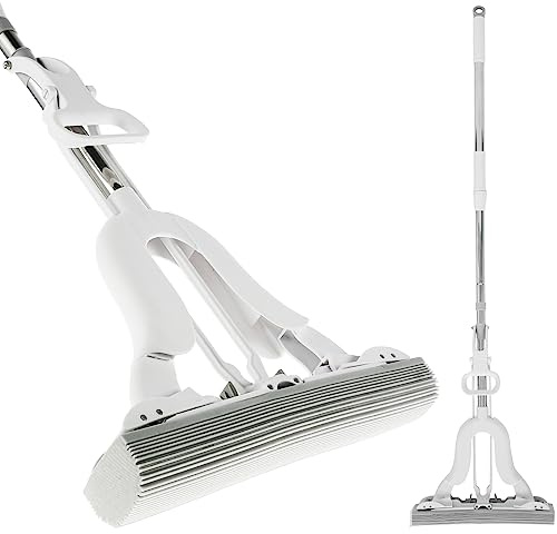 Svampmopp med vridning med teleskophandtag 102–125 cm mopp, golvmopp PP rostfritt stål, PVA, våt- och torranvändning, svampmopp, med urvridningsfunktion, självvridande mopp, (B)