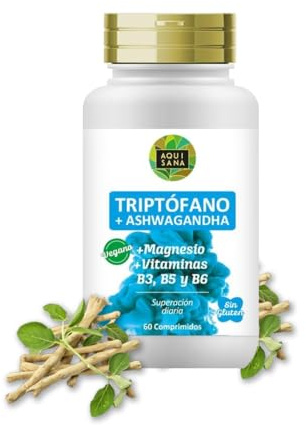 AQUISANA |Triptófano + Ashwagandha |Multivitaminas Naturales con Magnesio y Vitaminas B3, B5, B6|Recuperador muscular Pastillas que mejoran el sueño|Multivitamínico Vegano Sin Gluten|60 Cápsulas