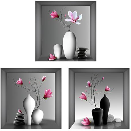 HENGBIRD 3 Stück Wandtattoo Wohnzimmer, 3D Blumen Vase Wandaufkleber, 30x30cm, Modernes Blumenmuster Wandsticker für Schlafzimmer, Wohnzimmer, Kinderzimmer