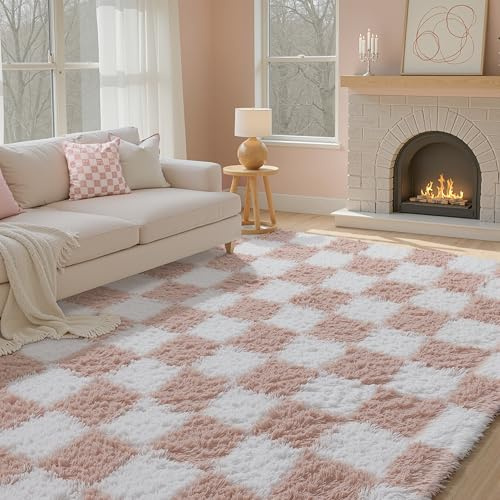 HUGEAR Alfombra Salon 160x230cm Pelo Largo a Cuadros Grande Rosa Blanco Suave Alfombras Antideslizante Modernas Habitacion Juvenil Pie de Cama Exterior Dormitorio Comedor Salón Cocina