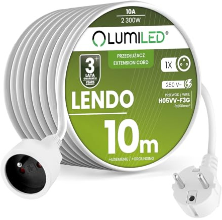 LUMILED Robustes und Flexibles Verlängerungskabel 10 m Stromkabel H05VV-F 3G 1,0mm² 10A 1-Fach Steckdose Typ E PVC Verlängerungskabel für Innen Weiß IP20