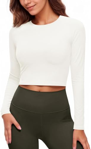 Fisoew - Camiseta deportiva para mujer con protección solar UPF 50+, manga larga, cuello redondo, para yoga, entrenamiento, crop top, transpirable, ajuste slim, camisetas, Blanco, M