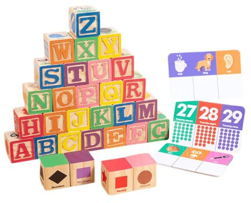 Set di mattoncini da costruzione con lettere in legno | alfabeto apprendimento puzzle giocattolo – riconoscimento delle lettere – per bambini e bambine, asilo prescolare, aula, casa, cameretta dei