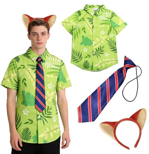 Dhqkqg Camicia Hawaiana Stampata da Cosplay di Nick, Fascia con Orecchie da Volpe e Cravatta a Righe,Costume da Adulto,Costume da Volpe per Halloween,Natale,Carnevale,Costumi di Carnevale