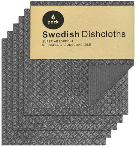 AMFUN 6-pack återanvändbara rengöringsdukar, tvättbar svensk disktrasa, disktrasor för alla ytor, kök, diskar, mycket absorberande, grå