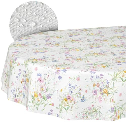 Nappe en Toile cirée Lavable, Facile d'entretien, imperméable, Effet Lotus, pour l'extérieur - Motif Fleurs - Ovale - 180 x 140 cm - Bord coupé