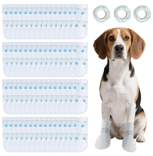HTTDSLF 60 Piezas de Zapatos Desechables para Perros, Protector de La Patas, Desechables Impermeables para Perros con Venda Autoadhesiva, Botas Impermeables para Caminar en Interiores y Exteriores
