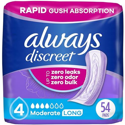 Always Discreet Adult Incontinence Pads for Women, Drier, 4 Drop Long Length, Moderate Absorbency, Pads for Bladder Control Management, Bladder Leaks, & Postpartum Pads, 54ct