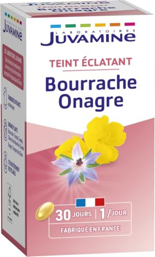 JUVAMINE - Bourrache Onagre - Teint Eclatant - Contribue à Maintenir la Peau en Bonne Santé - 30 Capsules - Programme de 30 Jours - Fabriqué en France
