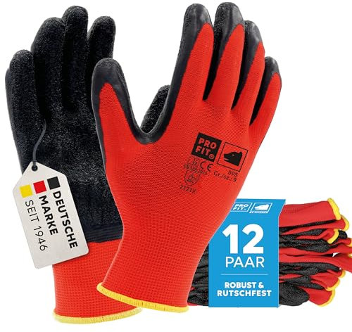 PRO FIT 595 Arbeitshandschuhe – Feinstrickhandschuhe mit Latexbeschichtung, Wasserabweisend, Atmungsaktiv, Rutschfest, Unisex - 12 Paar, Rot/Schwarz (11)