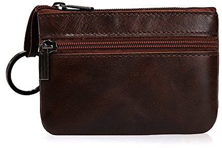 Hibate Women's Mini Coin Purse Wallet Genuine Leather Zipper Pouch with Key Ring - Brown_Deep