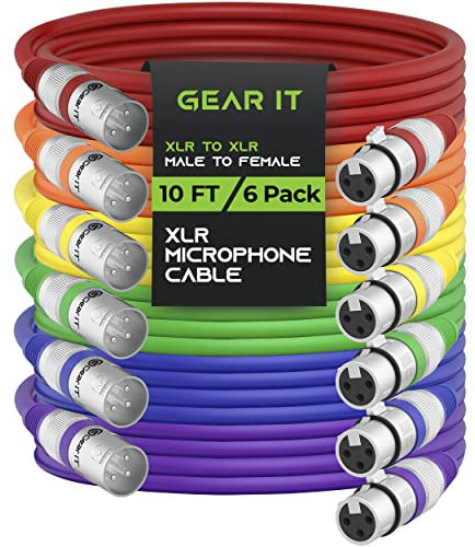GearIT XLR Microphone Cable (10 Feet, 6 Pack) - 3-Pin Balanced Shielded XLR Male to Female Mic Cable for Mixer, Studio, Podcast - Multi Colored, 10Ft, 6 Pack