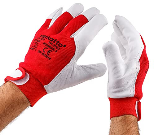 MIVOS Gants de Montage en Cuir et Coton Taille 10 - Gants de Travail - Gants de Jardinage en Cuir de Chèvre - Gants de Construction avec Fermeture Velcro - EN 420 - CAT I