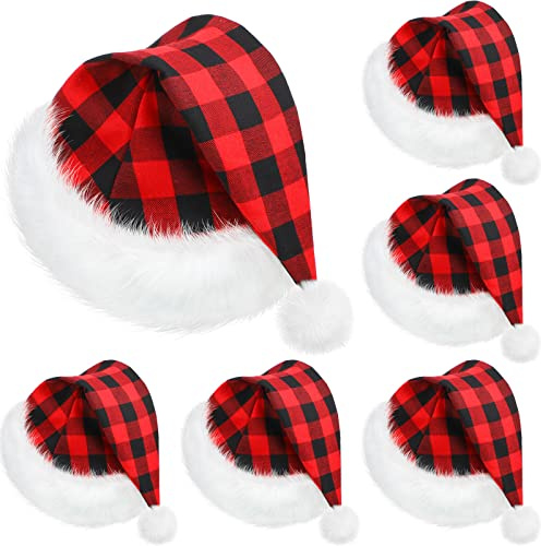 SATINIOR 6 Pcs christmas Santa Hat Claus Xmas Hat for Adults Unisex with Lining Plush Brim for Christmas New Year(Large)