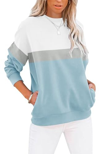 TICTICMIMI Women's Casual Long Sleeve Color Block/Solid Tops Crewneck Sweatshirts Cute Loose Fit Pullover with Pockets A-blue