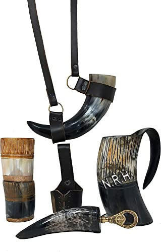 Viking - Set di corno di bue, realizzato a mano, per birra, idromele, vino, birra e acqua, intagliato, con fondina e cinghia per il collo, apribottiglie finitura lucida