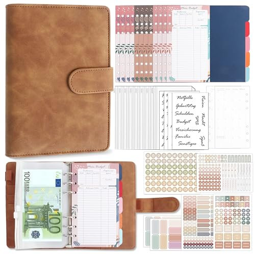 BIROYAL Budget Planer Deutsch | Budget Binder A6 PU Leder | Bugetplaner Deutsch Startset mit 12 Duplex-Budgetblätter, 14 Wochennotizblätter, 5 Farbkarten, 8 Geldumschläge&Set Budgetaufkleber