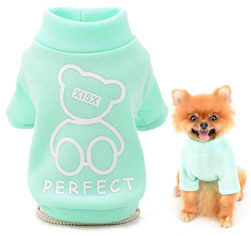 SMALLLEE_LUCKY_STORE Niedlicher Cartoon-Welpen-Fleece-Sweatshirt, Pullover für kleine, mittelgroße Hunde, Katzen, Jungen, Mädchen, Yorkie, Chihuahua, Kätzchen, warm, Herbst, Winterkleidung, Grün, S