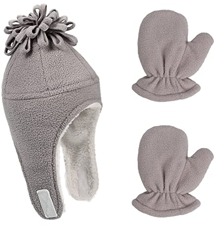 LACOFIA Conjunto de Gorros y Manoplas de Vellón cálido para Bebé Sombrero y Guantes de Piloto con Orejeras Invierno para Niños Pequeños Gris 0-18 Meses