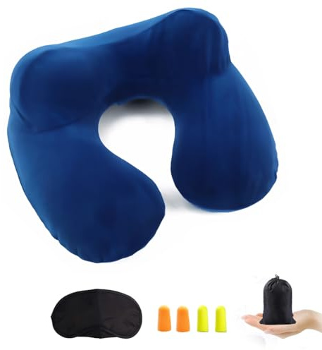 Almohada de Viaje, Cojín Inflable del Cuello de Viaje,Hecho de Terciopelo Suave con Tapones para los Oídos, Máscara de los Ojos y Bolsa de Transporte, para Viajar en avión, Tren, Coche(Azul)