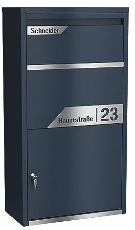 Graviers Design Paketbriefkasten personalisiert freistehend - pulverbeschichteter Stahl mit Edelstahl Namensschild Gravur Schnitt - Briefkasten Rückholsperre Postbox für Pakete Paketbox Design 3