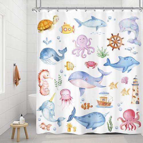 Riyidecor Kinder Cartoon Tier Duschvorhang 60Wx72H Zoll Cute Delphin Wal Underwater Ocean Sea Life Octopus Lovely Fish Seetang Turtle Child Bathroom Decor Fabric Polyester Waterproof 12 Pack Hooks