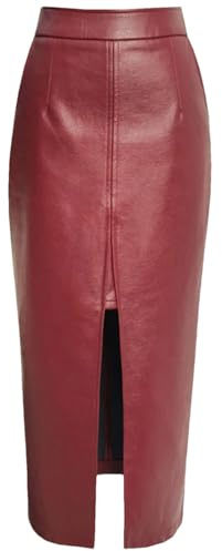 Alloaone Gonna Longuette Lunga da Donna in Ecopelle con Tasche A Fessura sul Davanti, Gonne Midi A Vita Alta