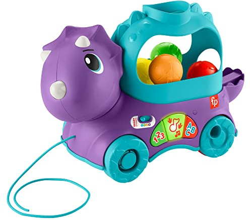 Fisher-Price Dinosaurio de juguete de arrastre con bolas, luces y sonidos, para bebés +1 año, Versión: Francés, HNR56