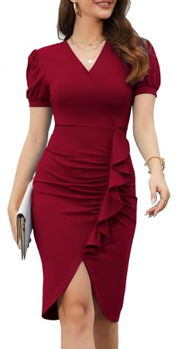 HOMEYEE Vestito delle Donne da Cocktail Elegante Puff Maniche Ruffles Rockabilly Vestito Aderente Retro Abito da Sera Tubino B908(M, Borgogna)