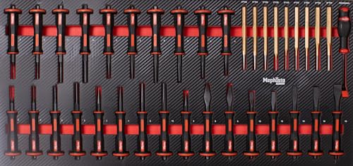 Mephisto Werkzeugeinlage Werkzeug Set Pro Line Werkstattwageneinlage mit Chrom-Vanadium Werkzeug Meisel, Hebeleisen und Durchschläge in Soft Inlay in Carbonoptik