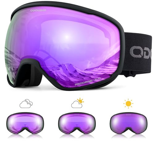 Odoland Skibrille Photochrome für sonnige und bewölkte Tage, Anti-Nebel Snowboard Brille Ski Goggles UV-Schutz für Herren Damen Selbsttönend Schneebrille Lila