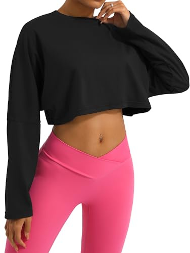 SEAUR Maglietta sportiva a maniche lunghe da donna, senza pancia, in cotone, per fitness, palestra, cropped, Nero , L