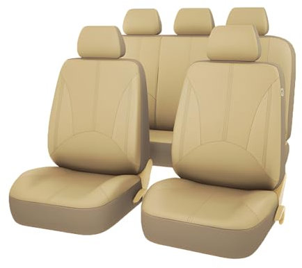 JNNJ 9 Piezas Fundas Asientos Coche, Sets Fundas Asiento Cuero Delanteros Traseros, Fundas Cuero Polvo Transpirables Juego Completo Protector Asiento, Cómodo Cubreasientos Accesorios(Beige)