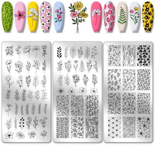 PH PandaHall 3 placas de estampado de uñas, 77 patrones de flores, hojas de flores, plantillas de arte de uñas, plantillas de arte de uñas de acero inoxidable, placas de imagen de uñas para mujer,