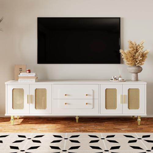 Oslghy Modulo TV, Mueble de Salon TV, Armario Bajo con Puerta de Ratán, Moderno Estilo Rústico Mueble para Salon con Patas de Metal y 2 Cajones, para Televisión de 70-79 In, 175x38x55.5 cm (Blanco)